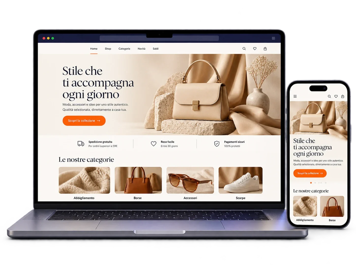 Esempio dimostrativo di store di accessori su computer e smartphone
