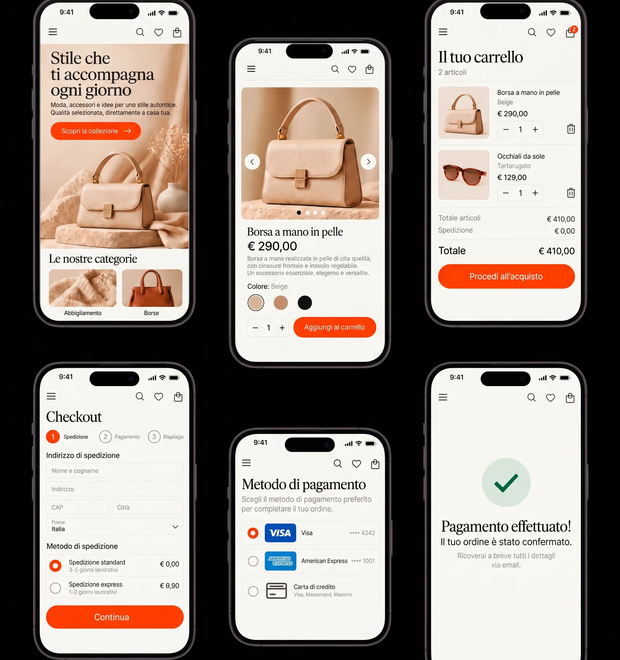 Sei smartphone frontali mostrano il percorso dalla homepage alla conferma conclusiva del pagamento