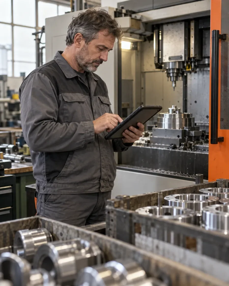 Un responsabile di produzione controlla un ordine sul tablet accanto a una macchina CNC